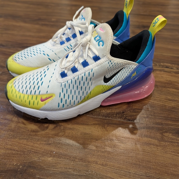 Nike Kids Air Max 270 White, Blue, and Yellow Sneakers - Picture 2 of 4